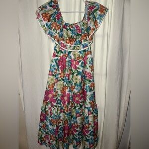 Sweet Generis Off Shoulder Floral Midi Ruffle Dress